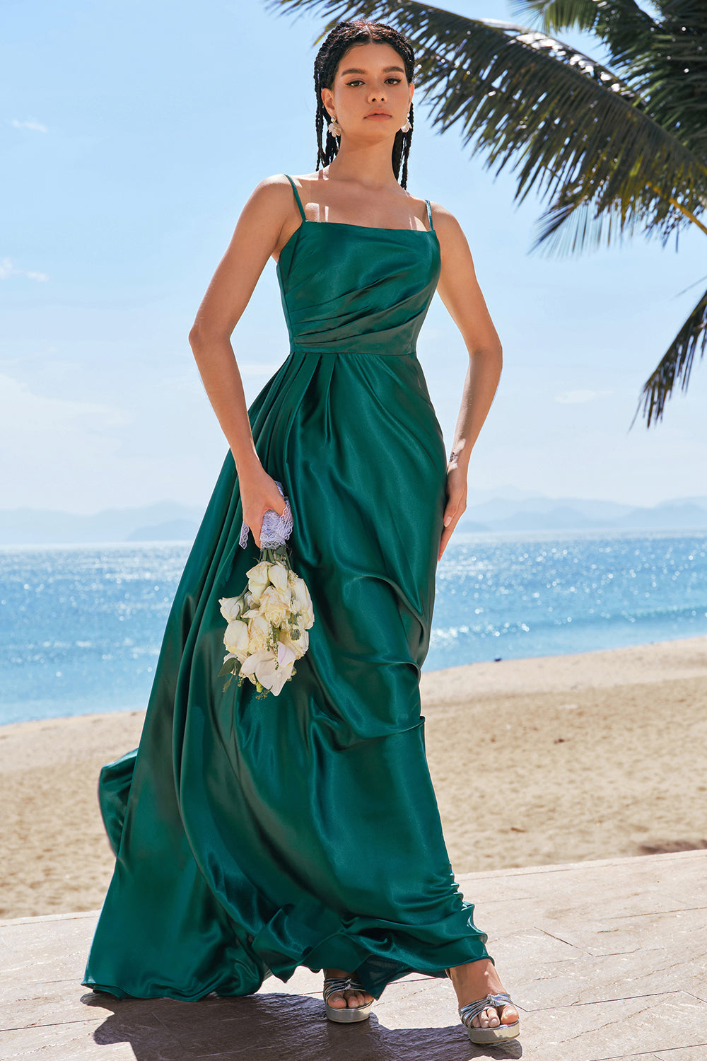 Green Satin Spaghetti Strap Long Dresses Dark Green Elastic Satin