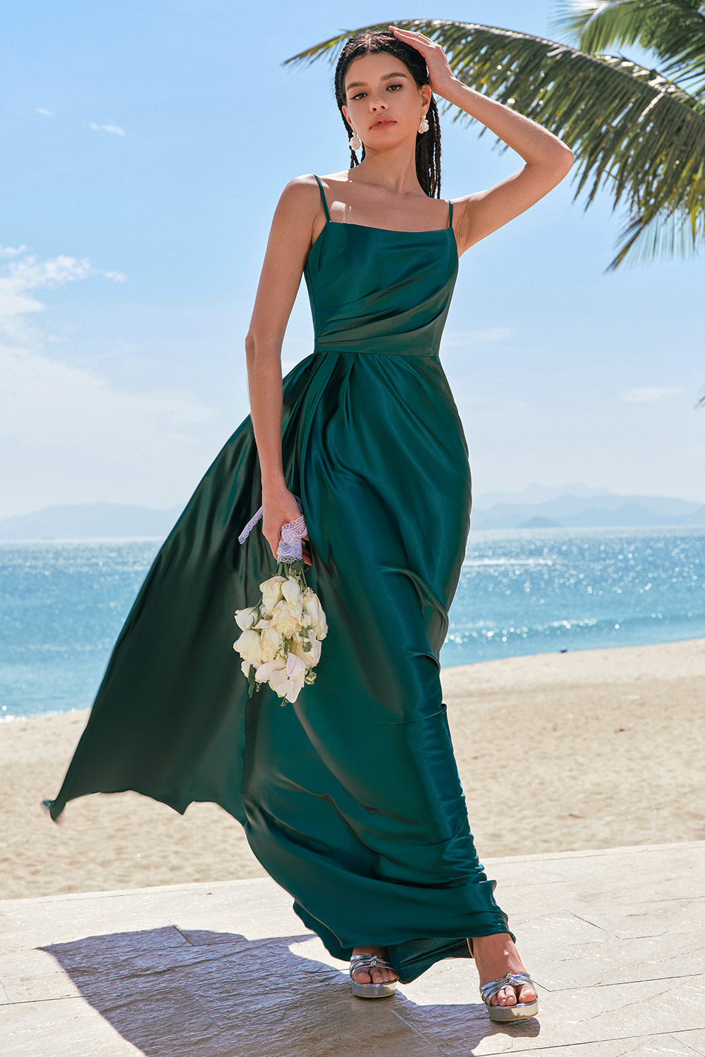Wedtrend Women Dark Green Satin Bridesmaid Dress A-Line Spaghetti Straps Ruched Long Wedding Guest Dress WEDTREND Wedtrend Women Dark Green Satin Bridesmaid Dress A-Line Spaghetti Straps Ruched Long Wedding Guest Dress WEDTREND