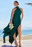 Mermaid Halter Floor Length Satin Dark Green Long Bridesmaid Dress