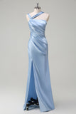 Sky Blue Mermaid Cold Shoulder Pleated Satin Maxi Dress with Slit