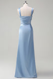 Sky Blue Mermaid Cold Shoulder Pleated Satin Maxi Dress with Slit