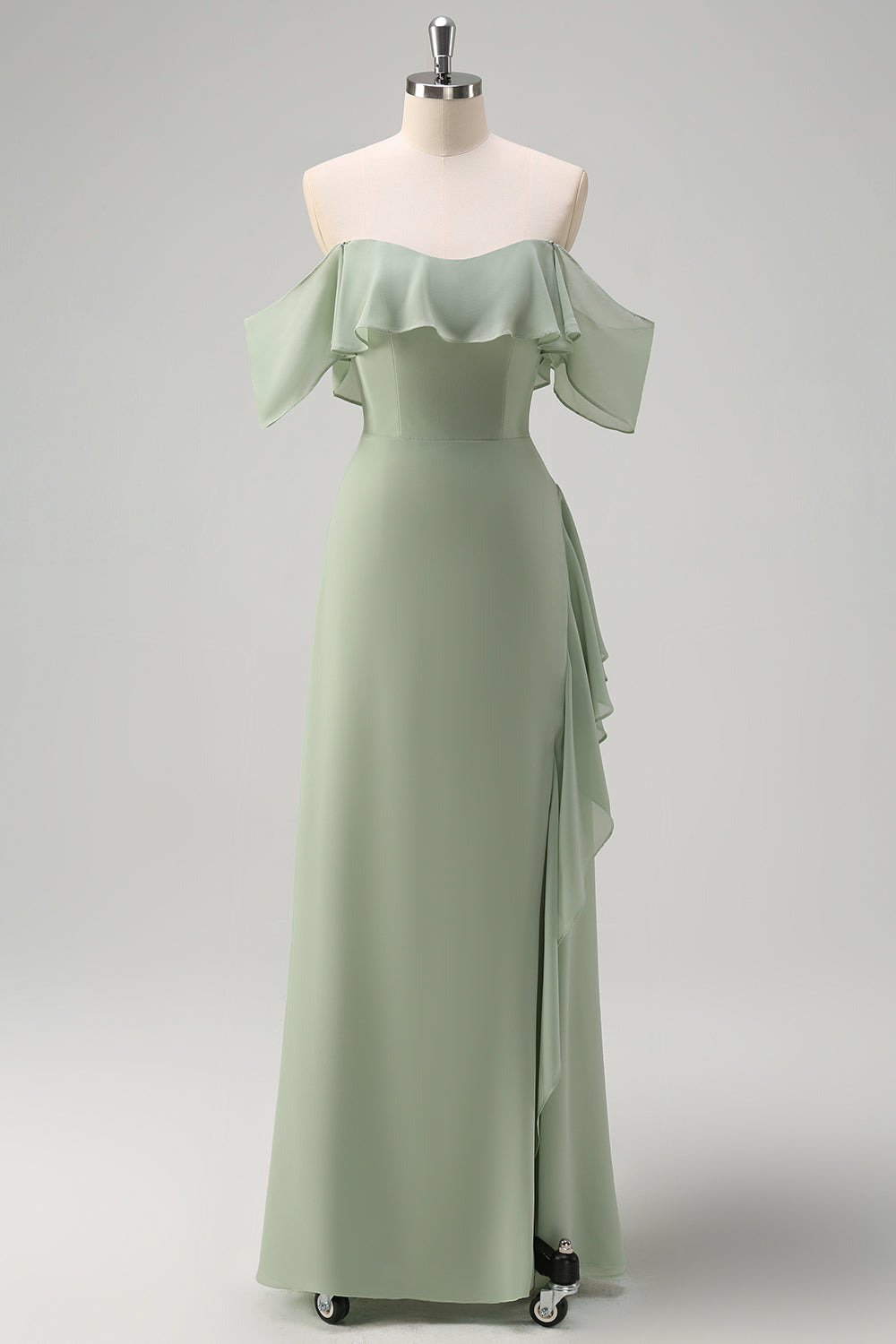 Wedtrend Women Light Green Bridesmaid Dress with Ruffle Slit Sheath Off The Shoulder Chiffon Long Wedding Guest Dress WEDTREND Wedtrend Women Light Green Bridesmaid Dress with Ruffle Slit Sheath Off The Shoulder Chiffon Long Wedding Guest Dress WEDTREND