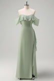 Light Green Sheath Off The Shoulder Chiffon Long Bridesmaid Dress with Ruffle Slit