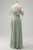 Light Green Sheath Off The Shoulder Chiffon Long Bridesmaid Dress with Ruffle Slit