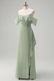 Light Green Sheath Off The Shoulder Chiffon Long Bridesmaid Dress with Ruffle Slit