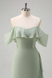 Light Green Sheath Off The Shoulder Chiffon Long Bridesmaid Dress with Ruffle Slit