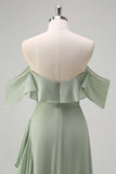 Light Green Sheath Off The Shoulder Chiffon Long Bridesmaid Dress with Ruffle Slit