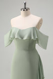 Light Green Sheath Off The Shoulder Chiffon Long Bridesmaid Dress with Ruffle Slit