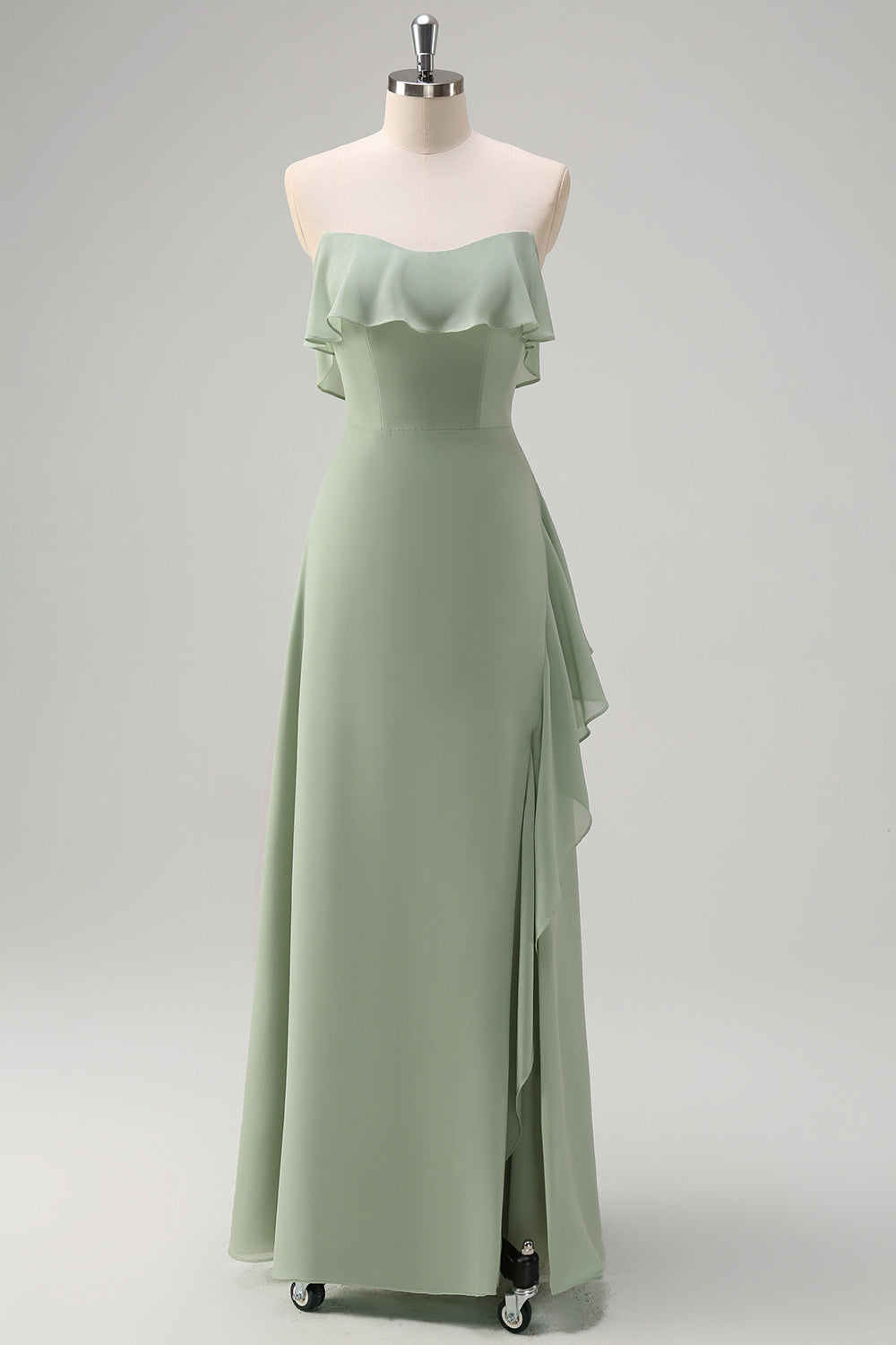 Wedtrend Women Light Green Bridesmaid Dress with Ruffle Slit Sheath Off The Shoulder Chiffon Long Wedding Guest Dress, Light Green / US8