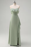 Light Green Sheath Off The Shoulder Chiffon Long Bridesmaid Dress with Ruffle Slit