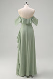Light Green Sheath Off The Shoulder Chiffon Long Bridesmaid Dress with Ruffle Slit