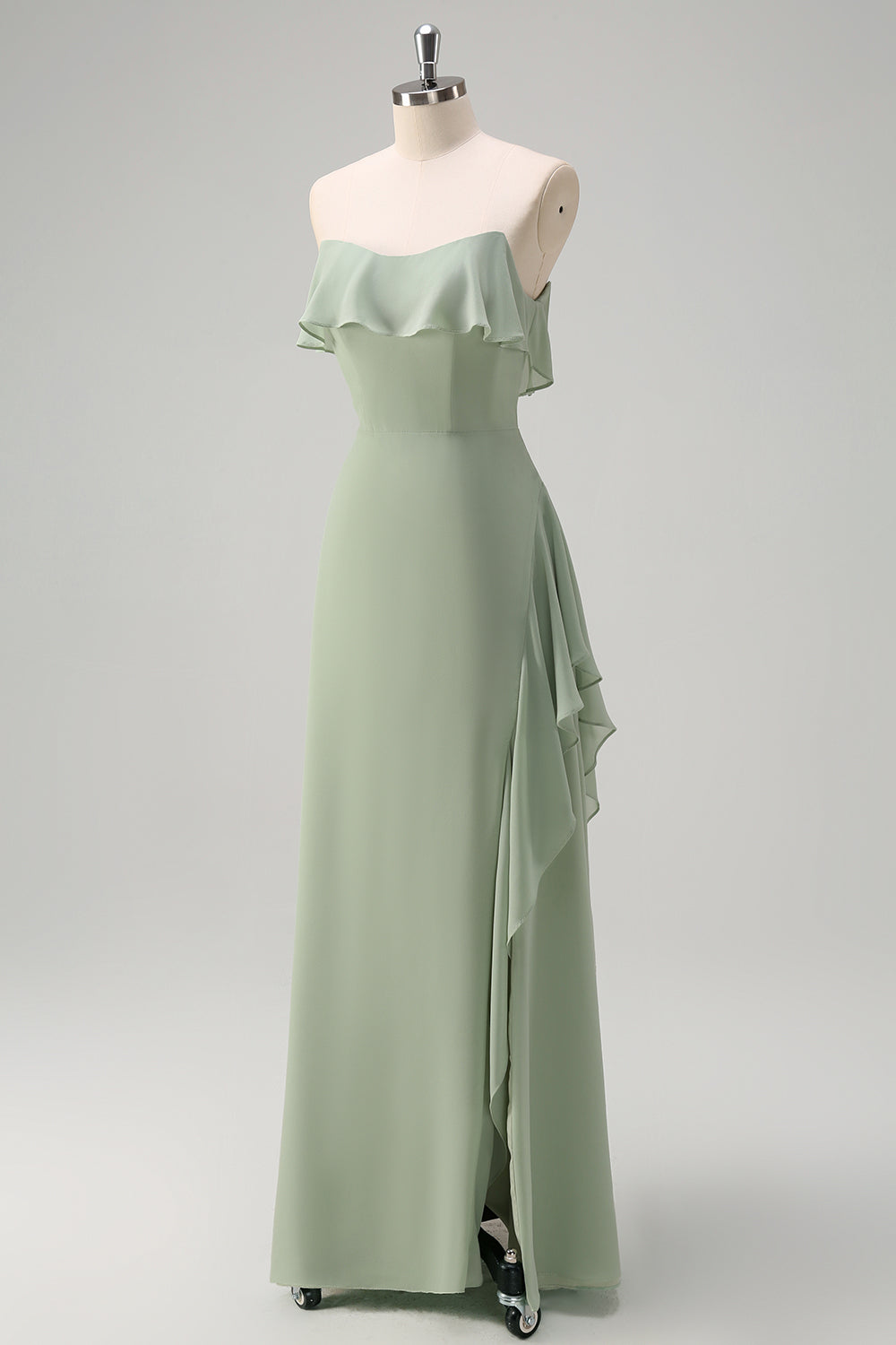 Wedtrend Women Light Green Bridesmaid Dress with Ruffle Slit Sheath Off The Shoulder Chiffon Long Wedding Guest Dress, Light Green / US8
