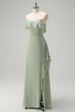 Light Green Sheath Off The Shoulder Chiffon Long Bridesmaid Dress with Ruffle Slit