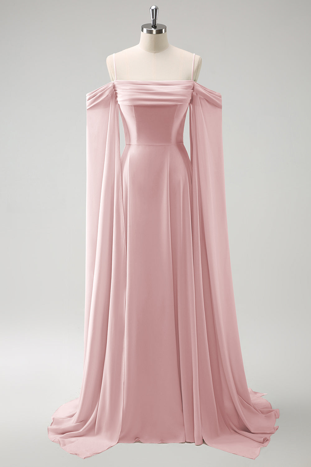 Light Green A-Line Cold Shoulder Chiffon Long Bridesmaid Dress with Capes