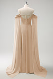 Light Green A-Line Cold Shoulder Chiffon Long Bridesmaid Dress with Capes