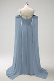 Light Green A-Line Cold Shoulder Chiffon Long Bridesmaid Dress with Capes