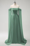 Light Green Fitted Cold Shoulder Chiffon Bridesmaid Dress with Detachable Sleeves