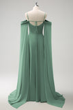Light Green Fitted Cold Shoulder Chiffon Bridesmaid Dress with Detachable Sleeves