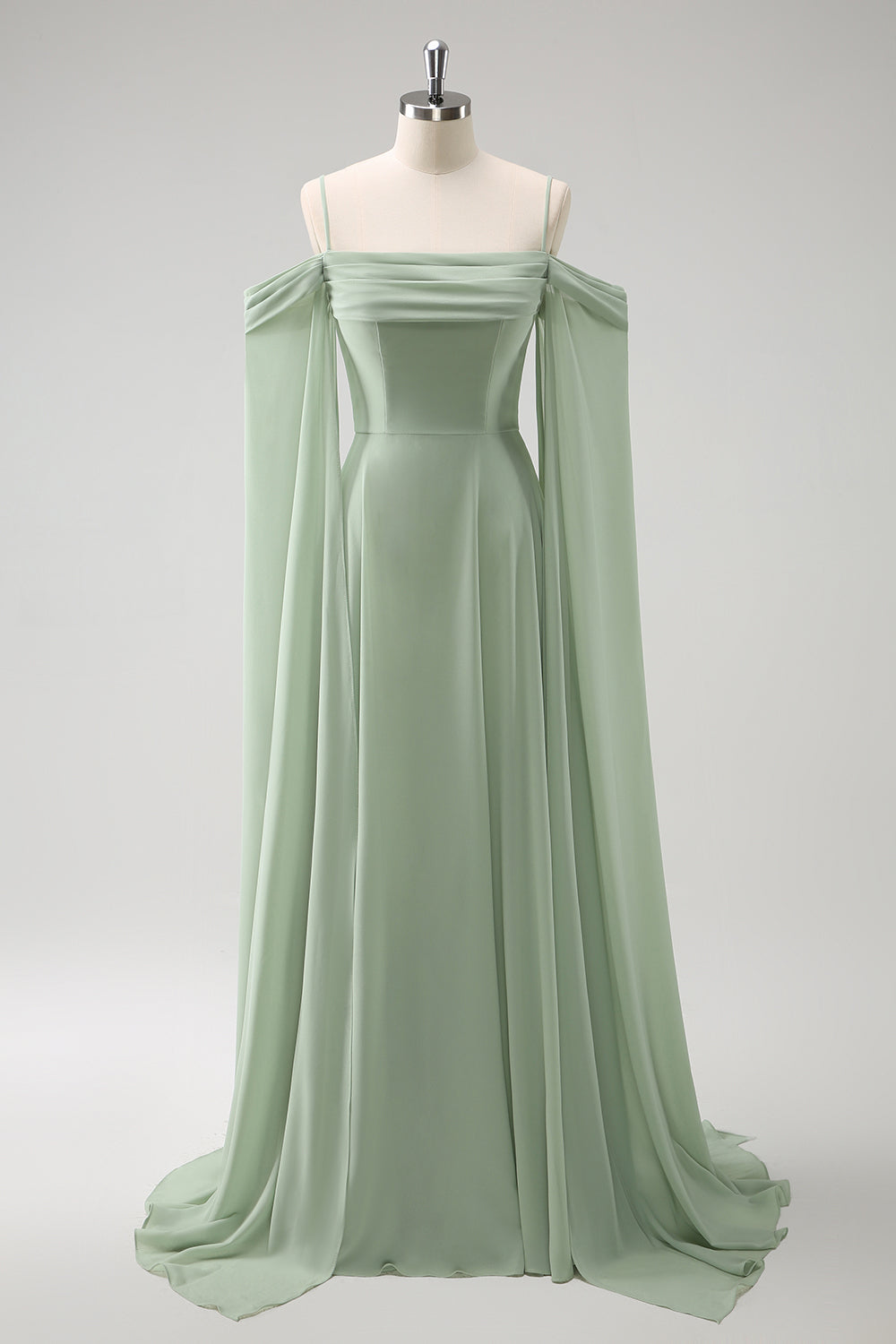 WEDTREND Women Cold Shoulder Light Green Bridesmaid Dress with Capes A-Line Chiffon Detachable Sleeves Long Wedding Guest Dress, Light Green / US2