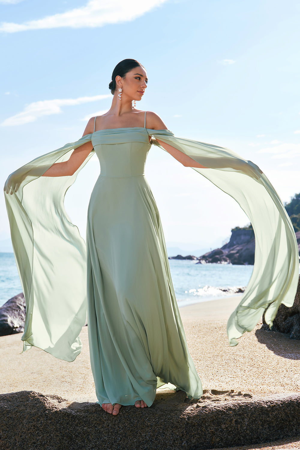 Wedtrend Women Light Green Bridesmaid Dress with Detachable Sleeves Fitted Cold Shoulder Chiffon Wedding Guest Dress, Light Green / US10 Wedtrend Women Light Green Bridesmaid Dress with Detachable Sleeves Fitted Cold Shoulder Chiffon Wedding Guest Dress, Light Green / US10
