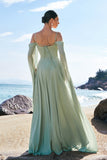 Light Green Fitted Cold Shoulder Chiffon Bridesmaid Dress with Detachable Sleeves