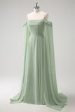 Light Green Fitted Cold Shoulder Detachable Sleeves Chiffon Bridesmaid Dress