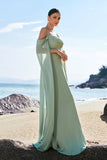 Light Green Fitted Cold Shoulder Chiffon Bridesmaid Dress with Detachable Sleeves