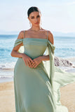 Light Green Fitted Cold Shoulder Chiffon Bridesmaid Dress with Detachable Sleeves