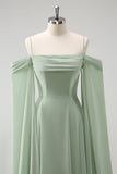 Light Green Fitted Cold Shoulder Detachable Sleeves Chiffon Bridesmaid Dress