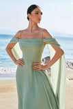 Light Green Fitted Cold Shoulder Chiffon Bridesmaid Dress with Detachable Sleeves