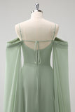 Light Green Fitted Cold Shoulder Detachable Sleeves Chiffon Bridesmaid Dress