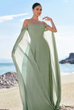 Light Green Fitted Cold Shoulder Chiffon Bridesmaid Dress with Detachable Sleeves