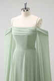 Light Green Fitted Cold Shoulder Detachable Sleeves Chiffon Bridesmaid Dress