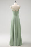 Light Green Fitted Cold Shoulder Detachable Sleeves Chiffon Bridesmaid Dress