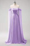 A-Line Cold Shoulder Convertible Chiffon Long Lilac Bridesmaid Dress with Capes