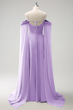A-Line Cold Shoulder Convertible Chiffon Long Lilac Bridesmaid Dress with Capes