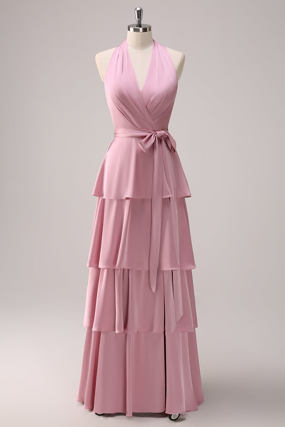 Wedtrend Women Pink Satin Long Bridesmaid Dress with Slit A-Line V-Neck Tiered Ruched Wedding Guest Dress WEDTREND Wedtrend Women Pink Satin Long Bridesmaid Dress with Slit A-Line V-Neck Tiered Ruched Wedding Guest Dress WEDTREND