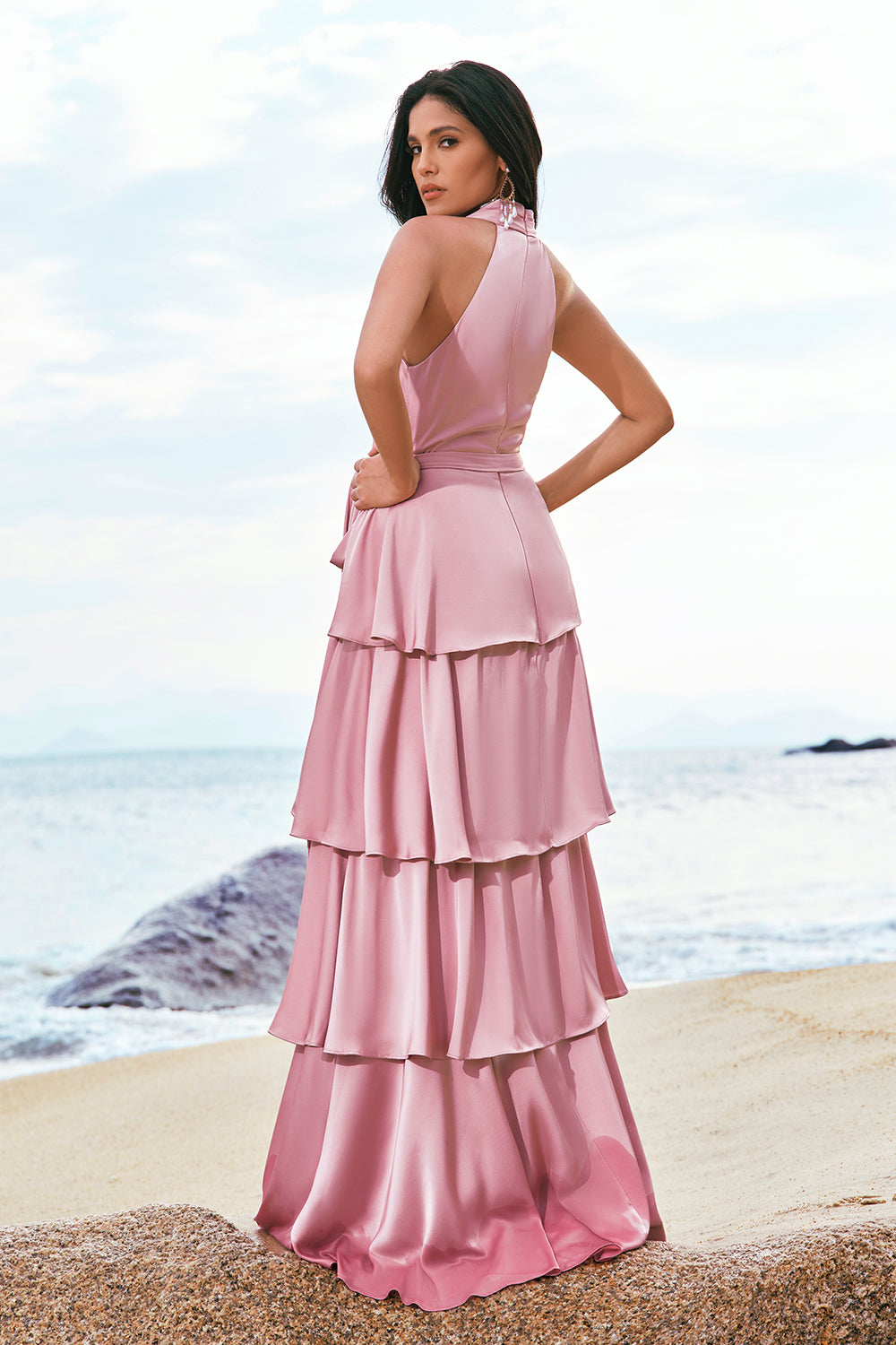 Wedtrend Women Pink Satin Long Bridesmaid Dress with Slit A-Line V-Neck Tiered Ruched Wedding Guest Dress WEDTREND Wedtrend Women Pink Satin Long Bridesmaid Dress with Slit A-Line V-Neck Tiered Ruched Wedding Guest Dress WEDTREND