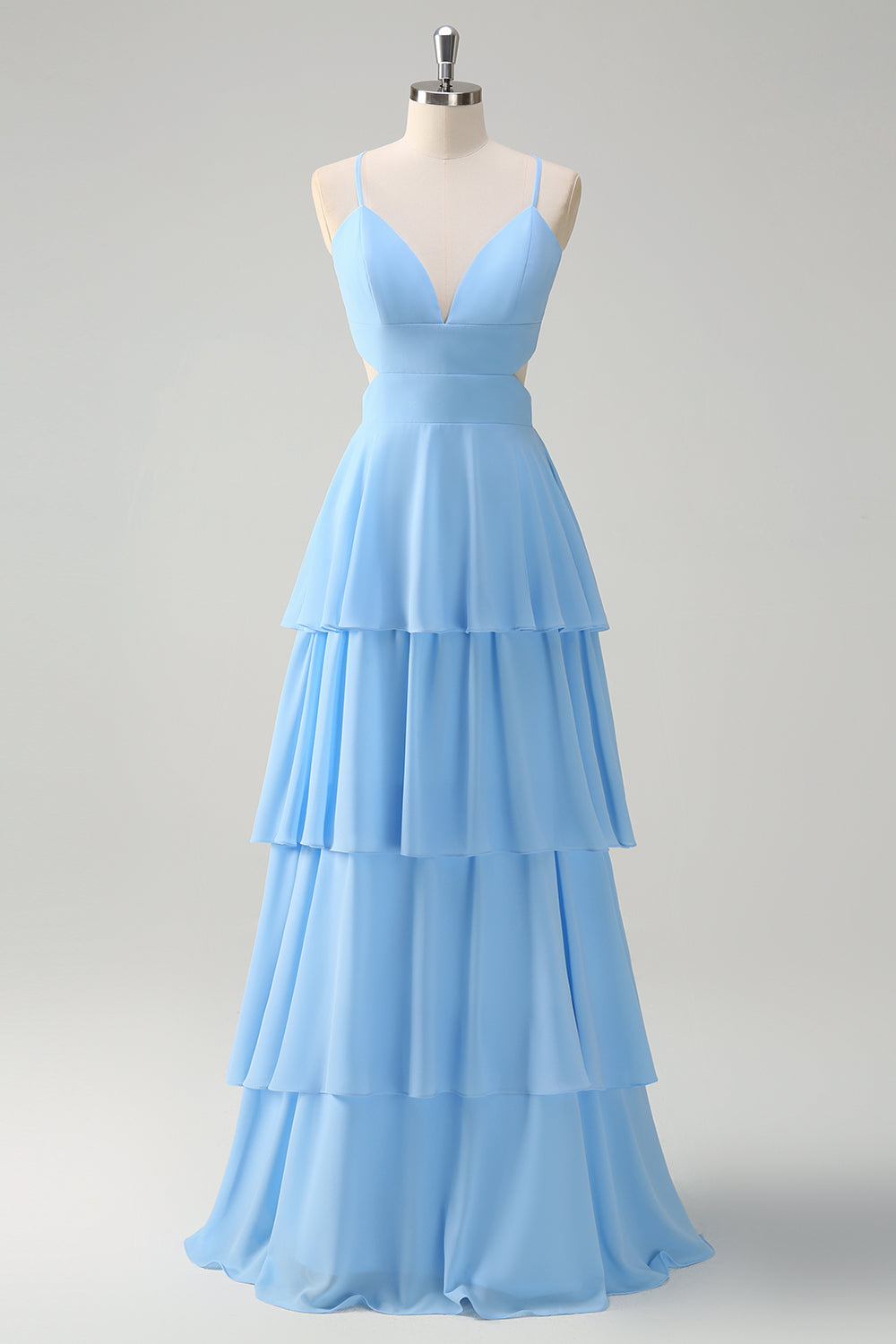 Wedtrend Women Sky Blue Bridesmaid Dress with Lace Up Back A Line V Neck Tiered Long Wedding Guest Dress, chiffon color / US26W
