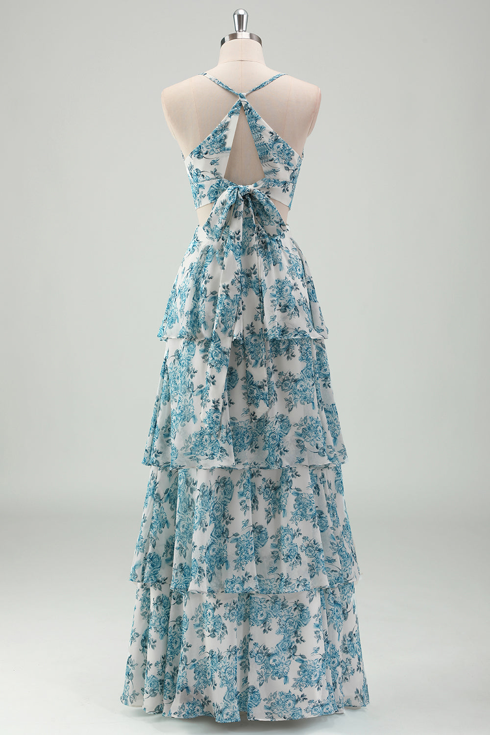 lace up back tiered maxi dress Wedtrend Women White Blue Flower Bridesmaid Dress with Lace Up Back A Line V Neck Tiered Long Wedding Guest Dress, White Blue Flower / US18W