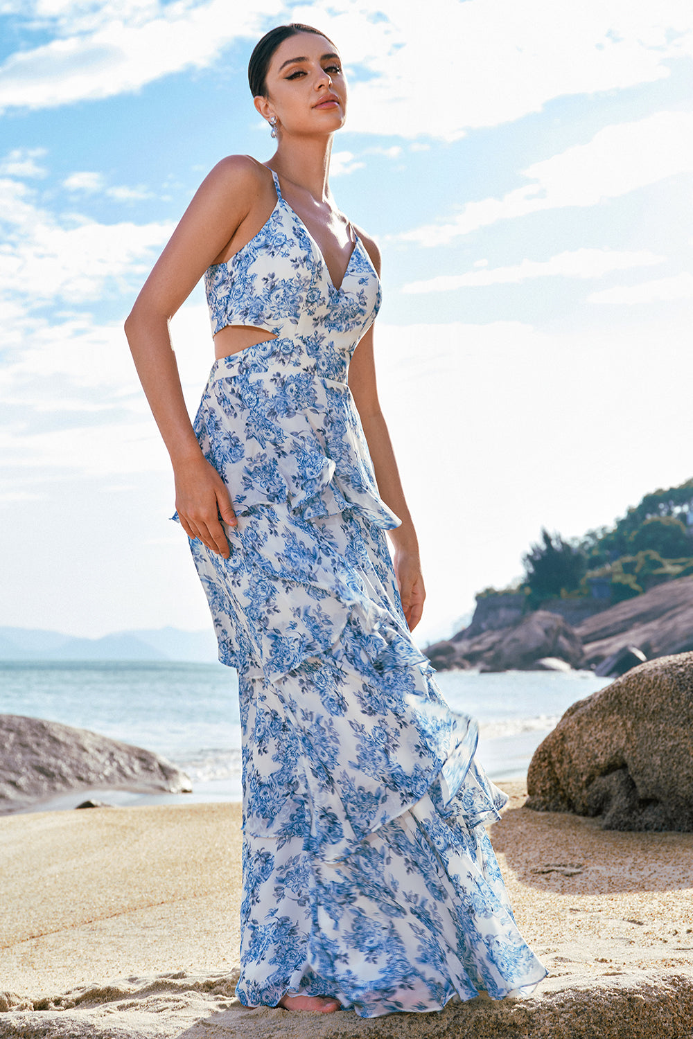 Wedtrend Women White and Blue Flower Bridesmaid Dress A-Line Spaghetti Straps Hollow Out Print Wedding Party Dress, White Blue Flower / US26W