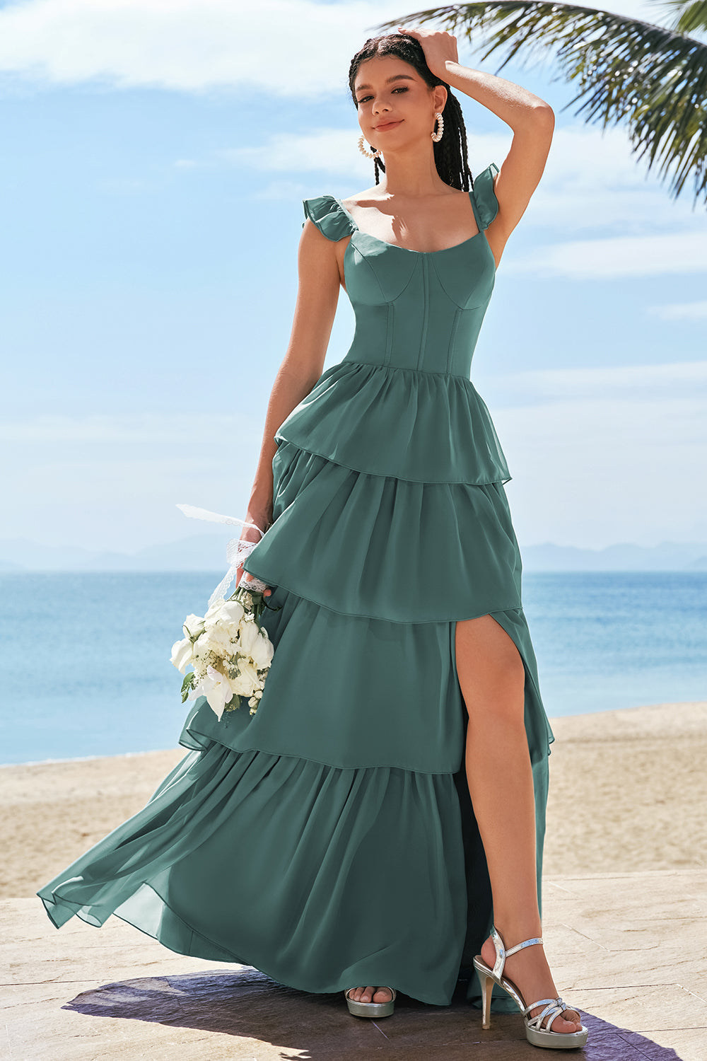 Wedtrend Women Eucalyptus Long Bridesmaid Dress with Slit A-Line Tiered Ruched Corset Wedding Party Dress, Eucalyptus / US22W Wedtrend Women Eucalyptus Long Bridesmaid Dress with Slit A-Line Tiered Ruched Corset Wedding Party Dress, Eucalyptus / US22W