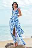 Blue Flower A-Line Corset Tiered Print Long Bridesmaid Dress with Ruffles