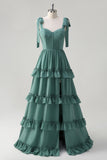 Eucalyptus A-Line Bow Tie Straps Corset Tiered Bridesmaid Dress with Slit