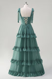 Eucalyptus A-Line Bow Tie Straps Corset Tiered Bridesmaid Dress with Slit