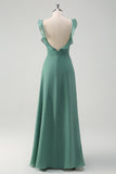 Eucalyptus A-Line Square Neck Backless Floor Length Bridesmaid Dress with Slit