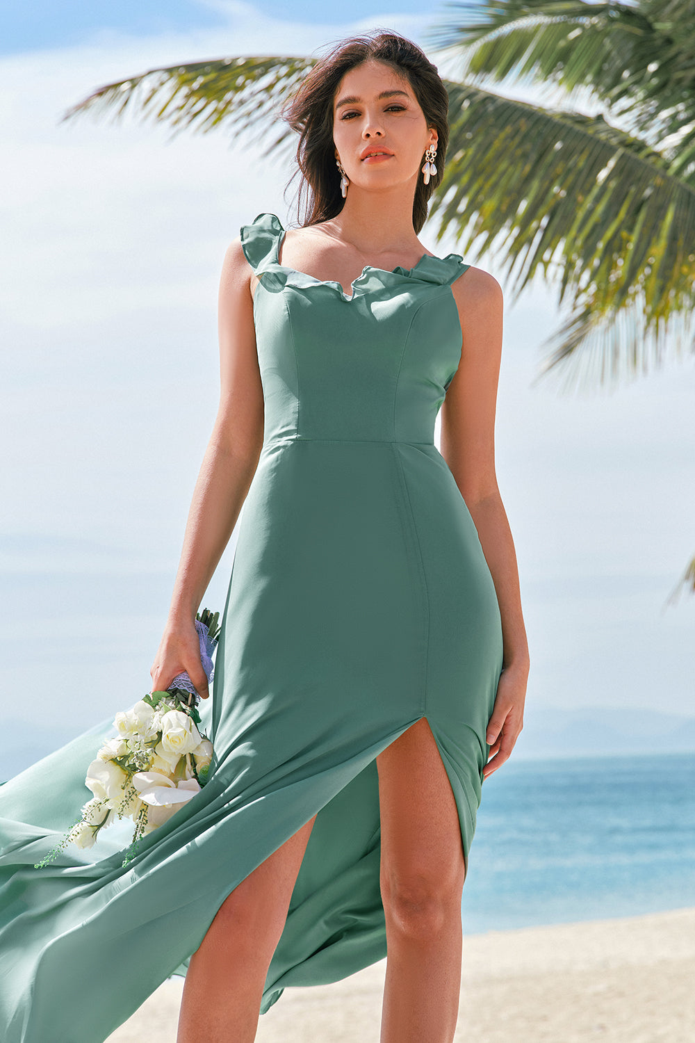 eucalyptus formal dress Asymmetrical Eucalyptus Spaghetti Straps Pleats Formal Dresses
