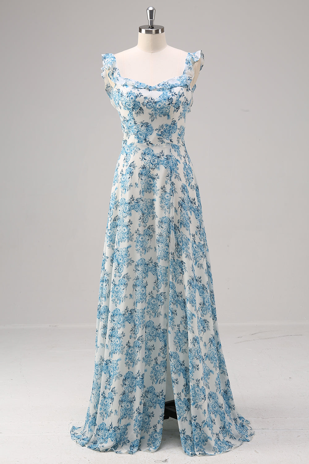 Wedtrend Women A-Line Bridesmaid Dress with Slit Square Neck White Blue Flower Long Wedding Guest Dress WEDTREND Wedtrend Women A-Line Bridesmaid Dress with Slit Square Neck White Blue Flower Long Wedding Guest Dress WEDTREND
