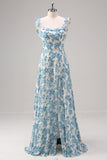 A-Line Square Neck White Blue Flower Long Bridesmaid Dress with Slit