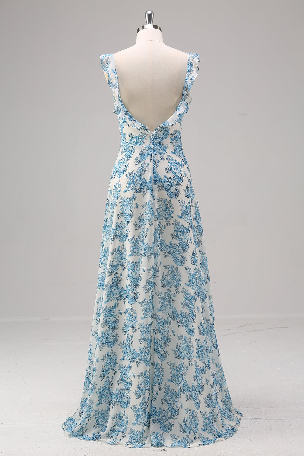 Wedtrend Women A-Line Bridesmaid Dress with Slit Square Neck White Blue Flower Long Wedding Guest Dress WEDTREND Wedtrend Women A-Line Bridesmaid Dress with Slit Square Neck White Blue Flower Long Wedding Guest Dress WEDTREND